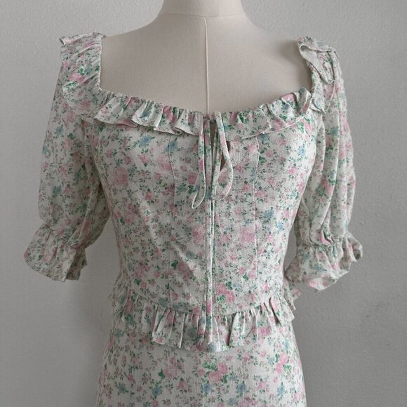 Sophie Rue by Anthropologie Puff Sleeves Back Cut Out Linen Dress S Cottagecore - Picture 2 of 11